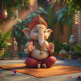 Cartoon Ganesha Meditating in Garden