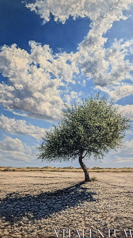 AI ART Lone Tree in Vast Desert Under a Cloud-filled Sky