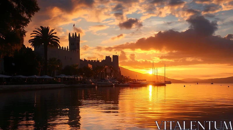 Sunset Serenity at the Coastal Castle AI Image