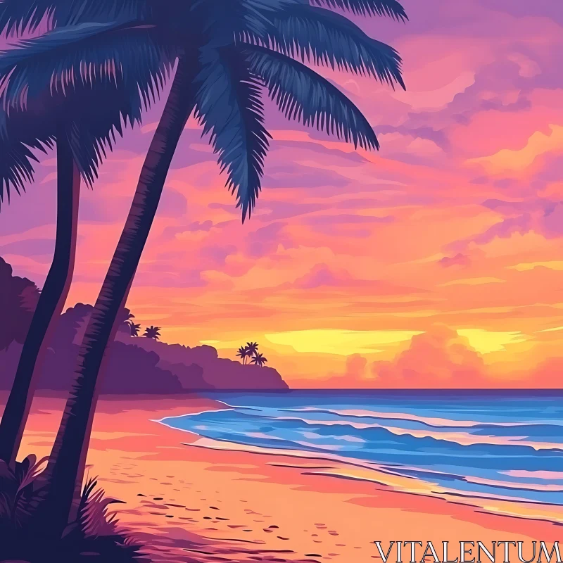 Sunset at the Beach with Palm Trees AI Image