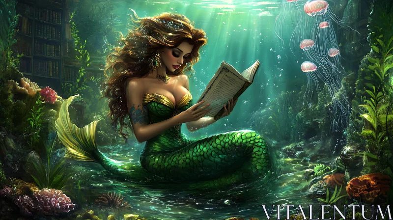 AI ART Submerged Reader: A Mermaid's Literary Retreat