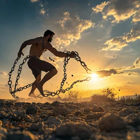 Man Breaking Chains at Sunset