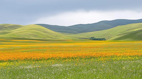 Springtime Wildflower Meadow against Hilly Landscape