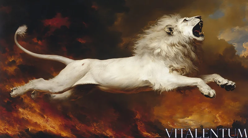 AI ART Leaping Lion Amidst Fiery Skies