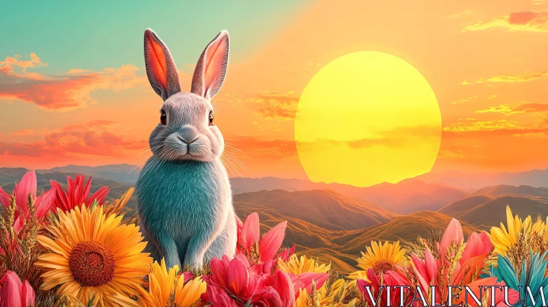 AI ART Bunny in Bloom under Setting Sun