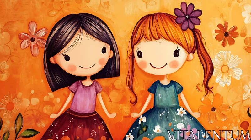 AI ART Whimsical Cartoon Girls in Orange Garden