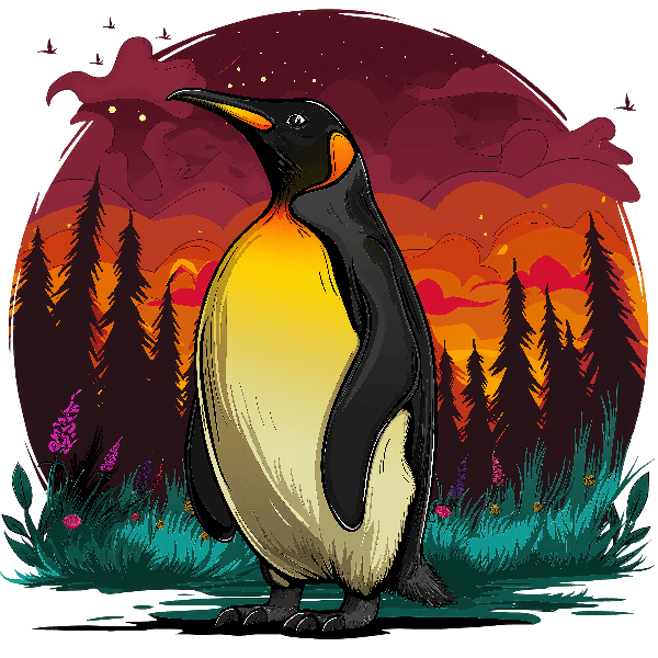 Penguin Silhouette in Sunset Forest POD Design