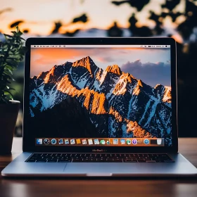 Laptop with Beautiful Sunset Mountain Wallpaper