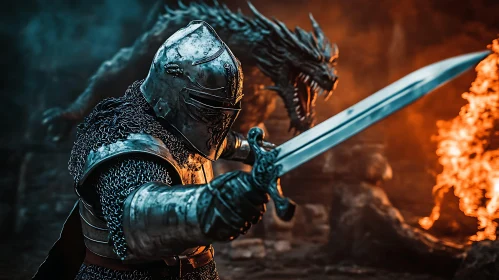 Armored Knight Confronts a Dragon