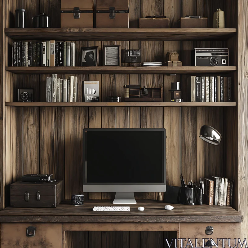 Wooden Office Interior with Modern Computer AI Image