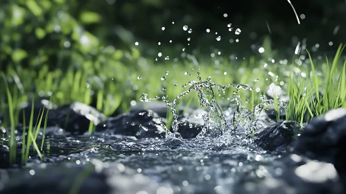 Close-Up of Water Splash Among Rocks and Greenery