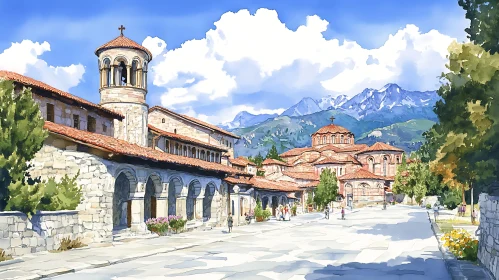 Watercolor Church with Mountain Backdrop