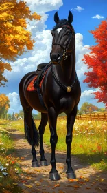 Black Horse on an Autumn Path