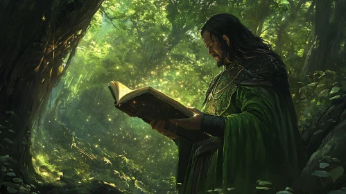 Man Reading Book in Forest