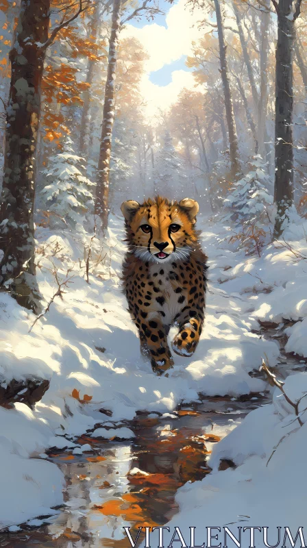 Young Cheetah in Winter Wonderland AI Image