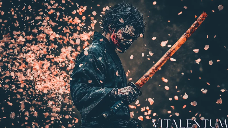 Warrior with Katana in Floral Descent AI Image