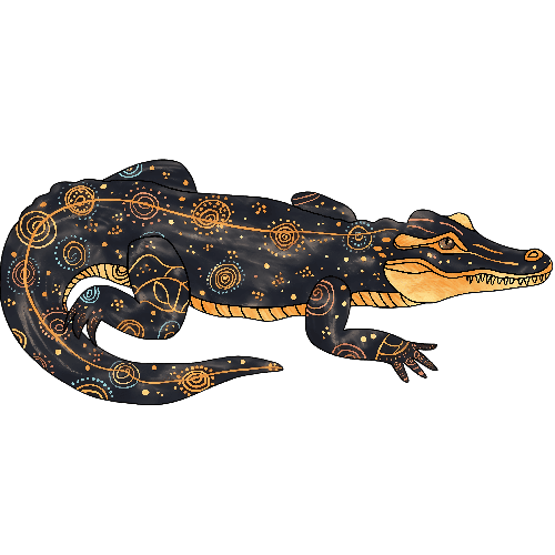 Black Crocodile with Yellow and Blue Details on Transparent Background POD Design