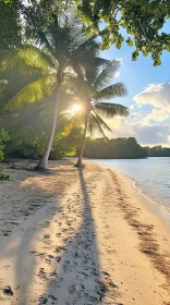 Sunlit Beach with Palm Trees and Footprints