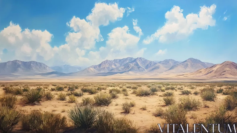 AI ART Beautiful Desert Scene with Mountains and Fluffy Clouds