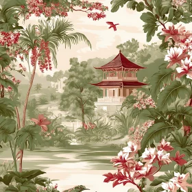 Tranquil Oriental Pagoda in Blooming Garden