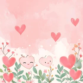 Pink Hearts and Foliage Whimsical Art