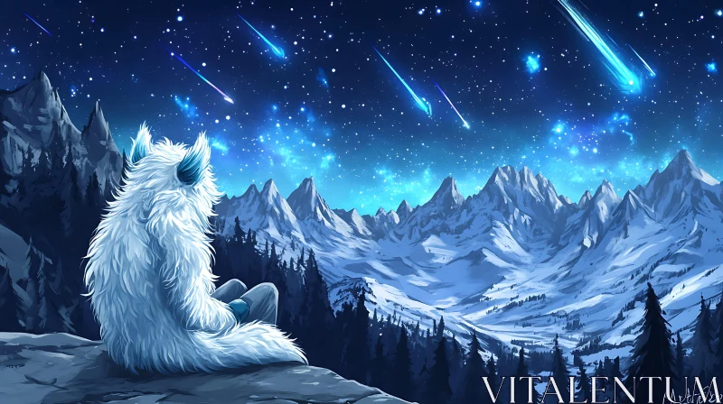 AI ART Creature Watching Shooting Stars Over Mountains