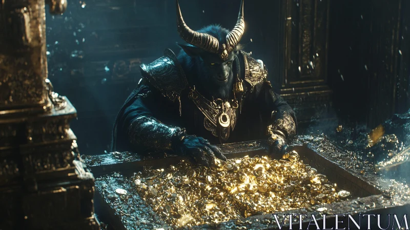 Horned creature with golden hoard AI Image