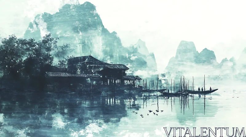 AI ART Still Water Mountain Village Scene