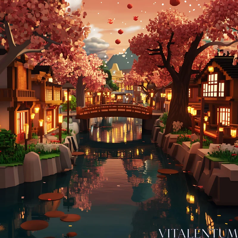 AI ART Sakura River City at Sunset