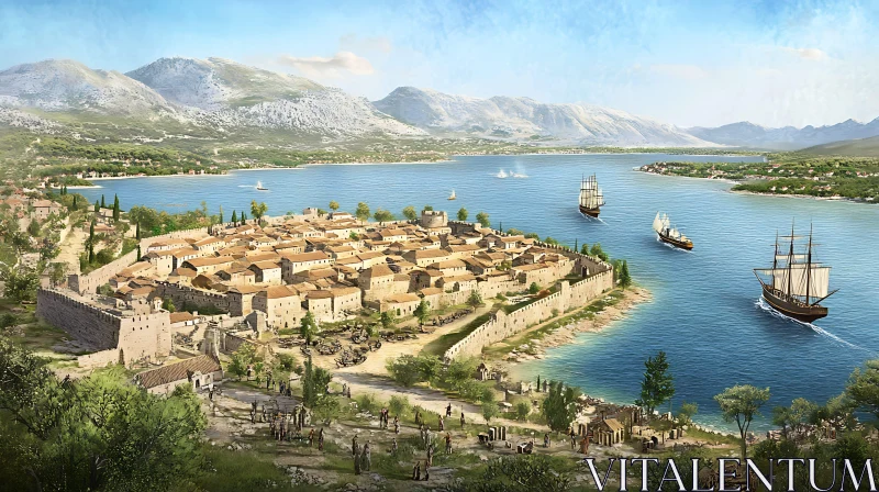 Historical Seaport City with Sailing Vessels AI Image