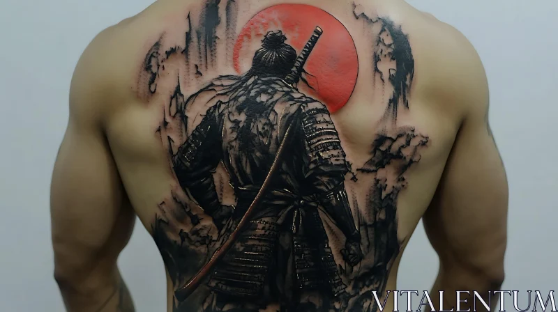 AI ART Warrior Back Tattoo Under Red Moon