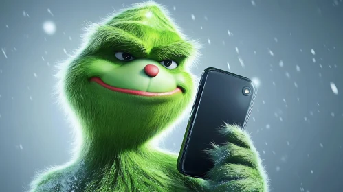 Green Character with Phone in Winter