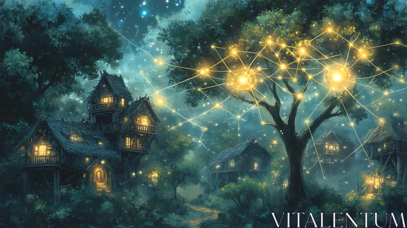 AI ART Magical Tree Village Under Starry Sky