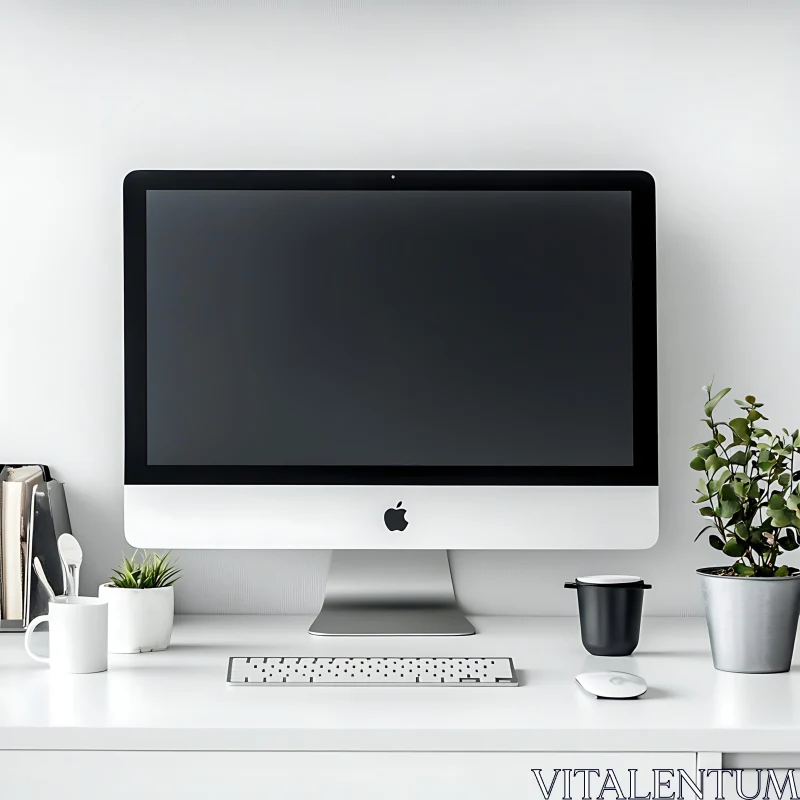 Stylish Workspace with Apple Computer and Indoor Plants AI Image