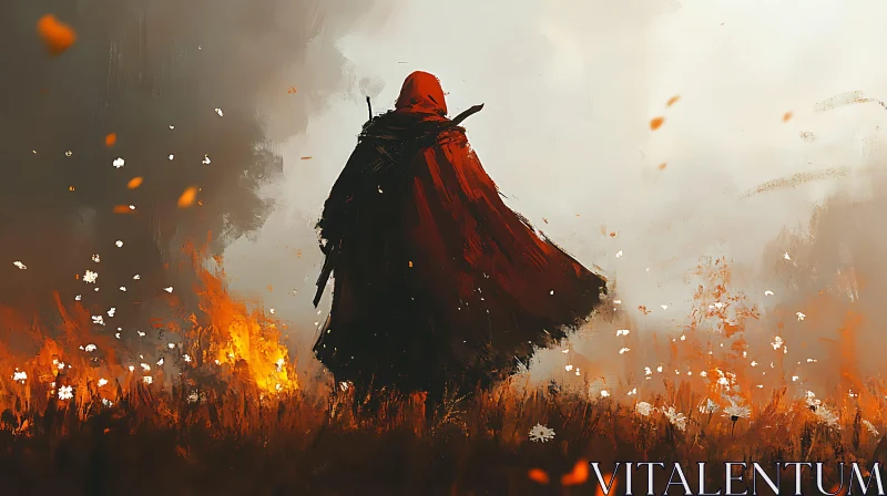 AI ART Hooded Figure in Fiery Landscape