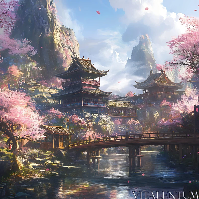 Serene Sakura Scenery with Asian Architecture AI Image