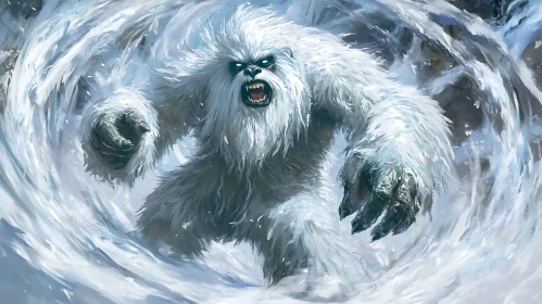 Aggressive Yeti emerging from Snowstorm