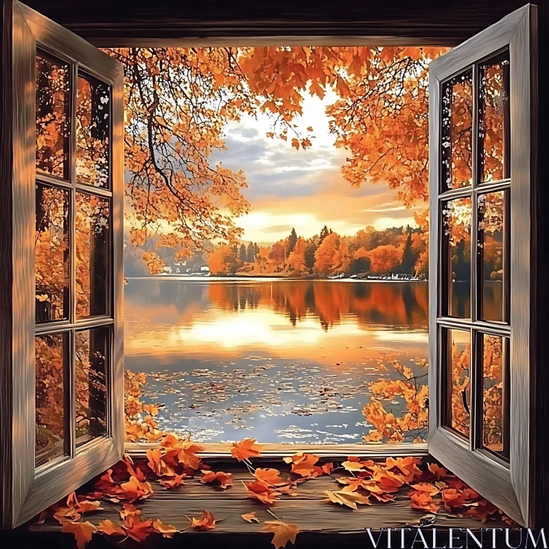 Autumn Lake View Through Window AI Image