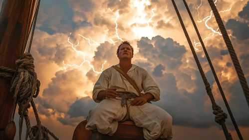 Man on Ship During Lightning Storm