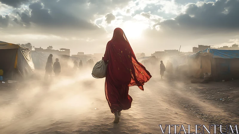 Woman in Red at Refugee Camp AI Image