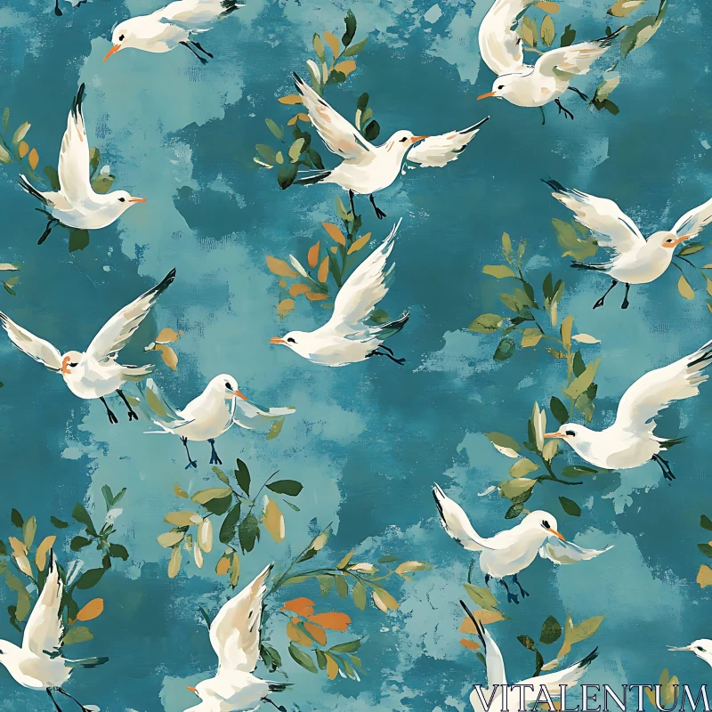 Seagulls and Leaves Pattern AI Image