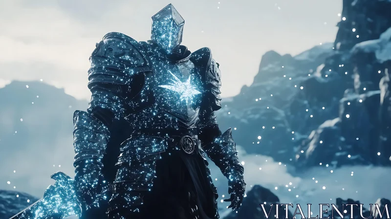 AI ART Glowing Armor Knight in Snowy Mountains