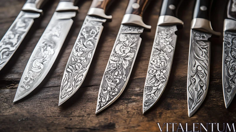 AI ART Floral Engraved Steel Knives on Wood