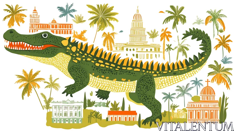 AI ART Stylized Alligator Amidst Palm Trees and Buildings