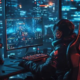 Futuristic Gaming Setup in a Cyberpunk Environment