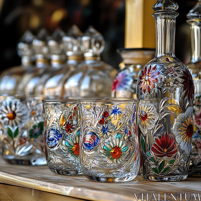 Vintage Glassware with Colorful Floral Design AI Image