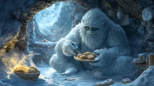 Friendly Yeti with Cookies in Snowy Cave