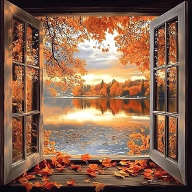 Autumn Lake View Through Window