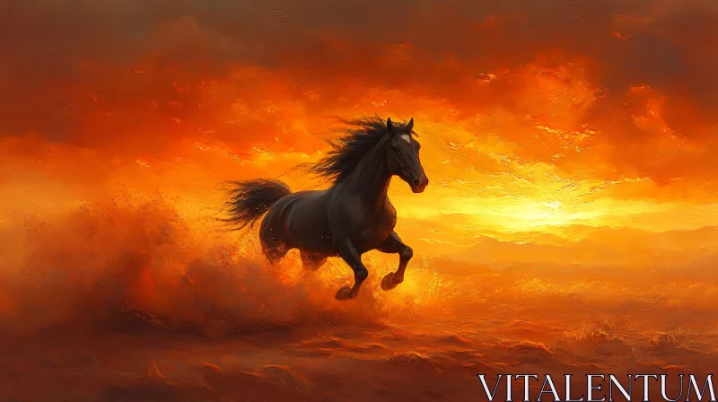 Galloping Horse in Fiery Sunset AI Image