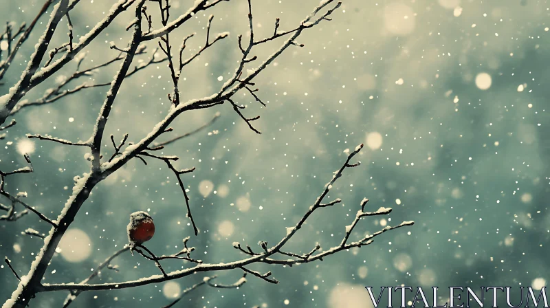 Robin in Winter Snowfall Scene AI Image